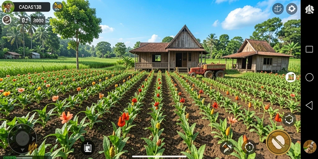 Screenshot gameplay menunjukkan ladang yang subur dan berbagai tanaman.