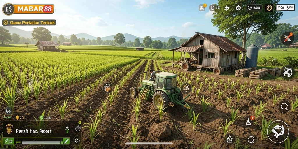 Tangkapan layar gameplay MABAR88 yang menunjukkan ladang subur dan pertanian aktif.