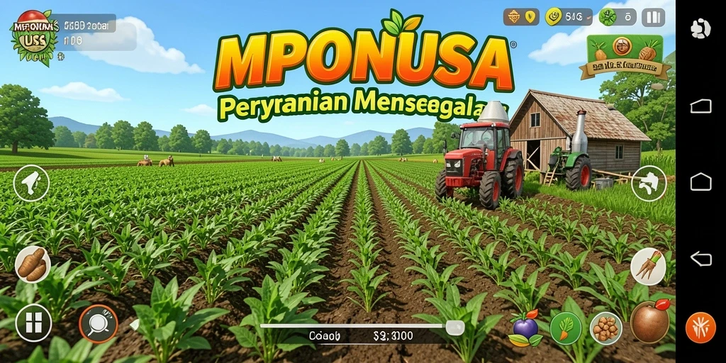 Tampilan gameplay MPONUSA dengan berbagai tanaman dan hewan ternak.